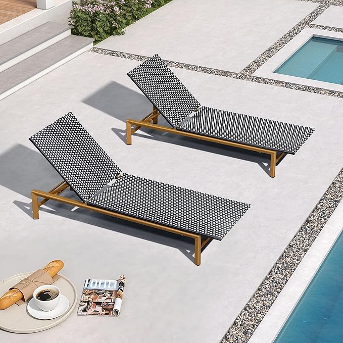 PURPLE LEAF Patio Chaise Lounge French Outdoor Lounger 2 Pieces Wood-Grain