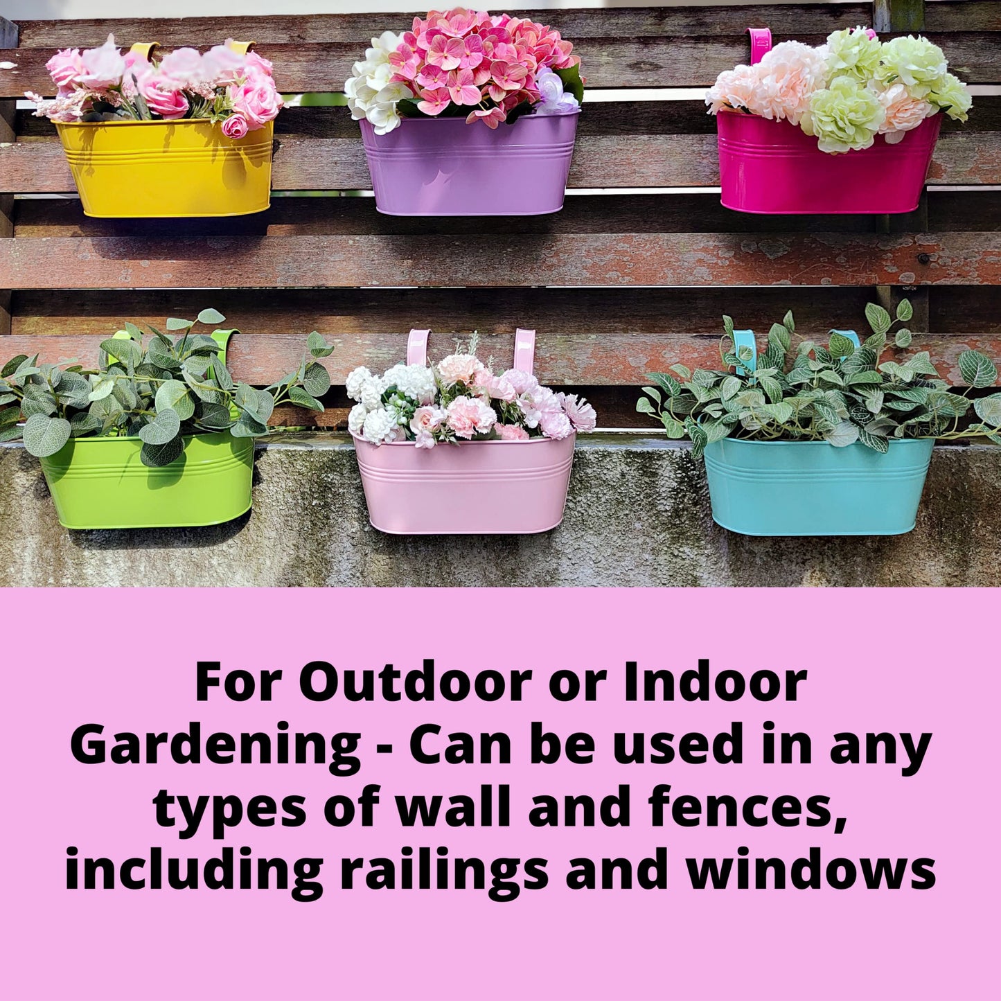 LaLaGreen Bundle - 4 Pack, 11.8 Inch Black + 6 Pack, 11.2 Inch Multicolor Rounded Metal Iron Hanging Flower Pot Wall Mount Modern Window Bucket Box Porch Deck Railing Fence Outdoor Garden Plant Holder