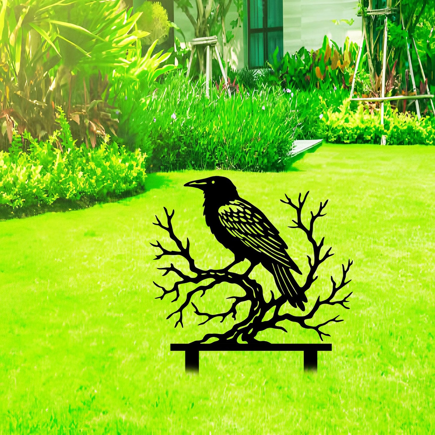 Aucizb Crow Tree Branch Metal Garden Stake Decor-Bird Silhouette Statue Yard Art for Patio,Outside,Lawn,Park,Farmhouse, Halloween Unique Gift (Black)