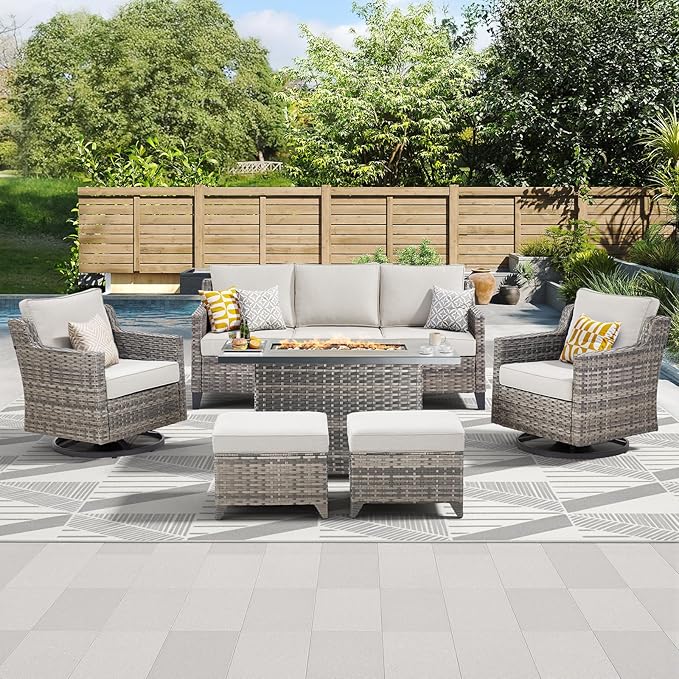 Patio Furniture Set with 42.5" Fire Pit Table-6 Pieces All Weather Wicker