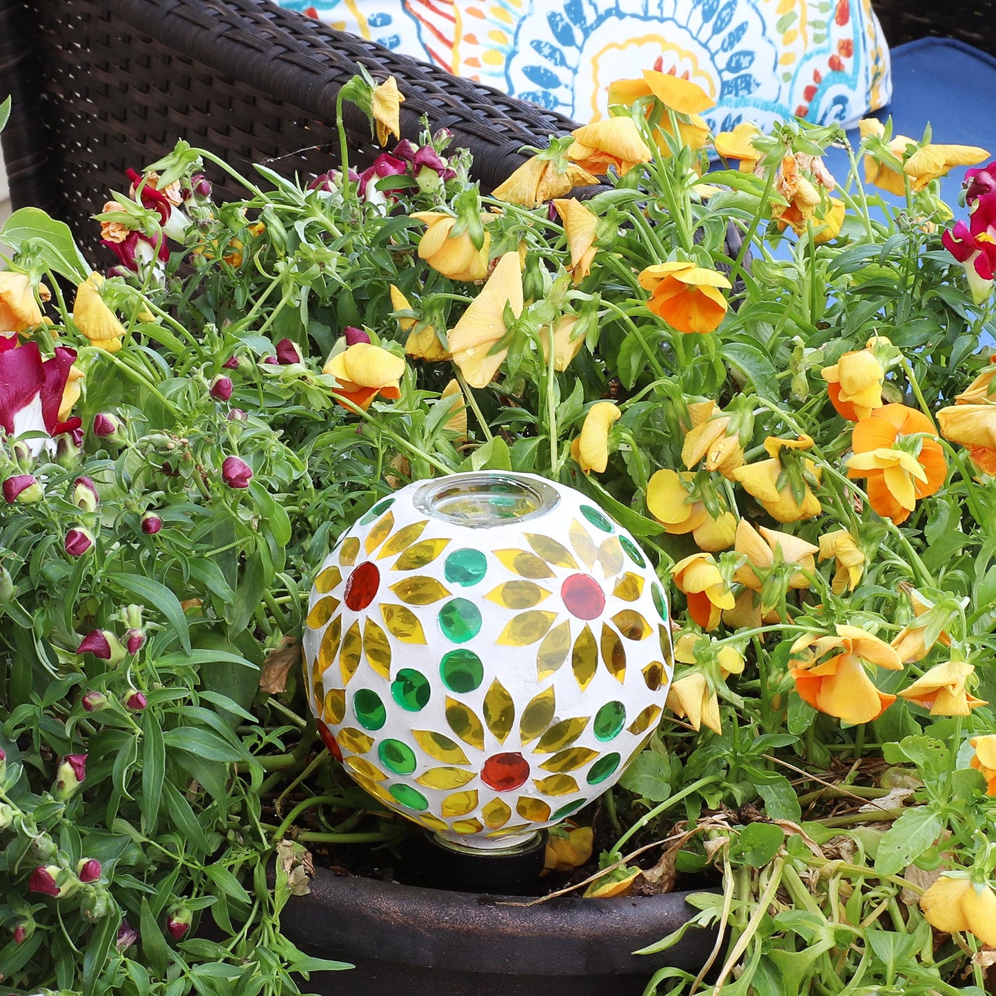 Sunnydaze Mosaic Glass Plant Watering Globe with Clay Spike - Decorative Self-Watering Planter Insert - Water Dripper for Plants - 9.5" - Bright Blooms