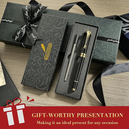 BEILUNER Personalized Ballpoint Pens, Stunning Black Chrome Metal Pen with Golden Trim, Best Ball Pen Gift Set for Men & Women, Executive, Office, Nice Pens-Gift Box with 0.5mm Black Extra Refill