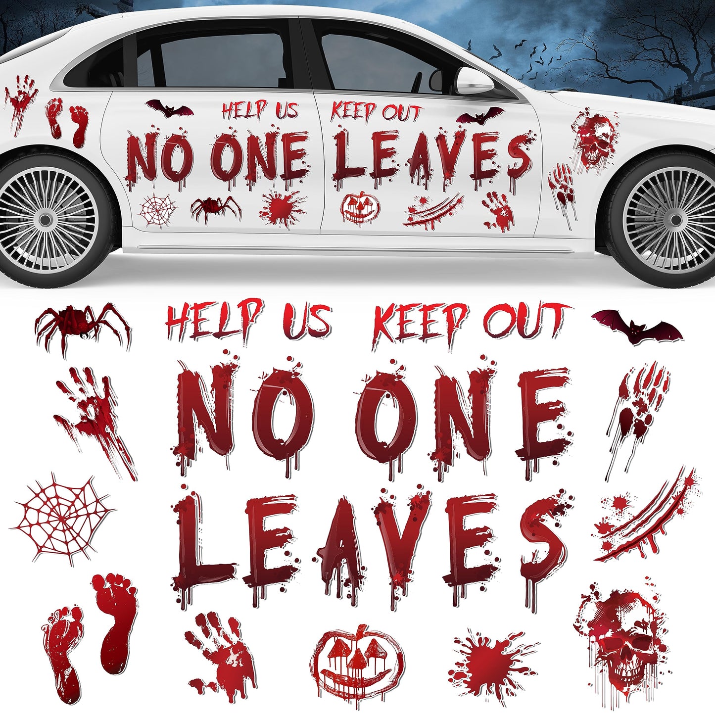 Halloween Car Magnet Decoration 27Pcs, Magnetic Bloody No One Leaves Refrigerator Garage Door Stickers, Holiday Help Us Keep Out Bat Spider Car Magnet Decal for Halloween Decoration Party Supplies