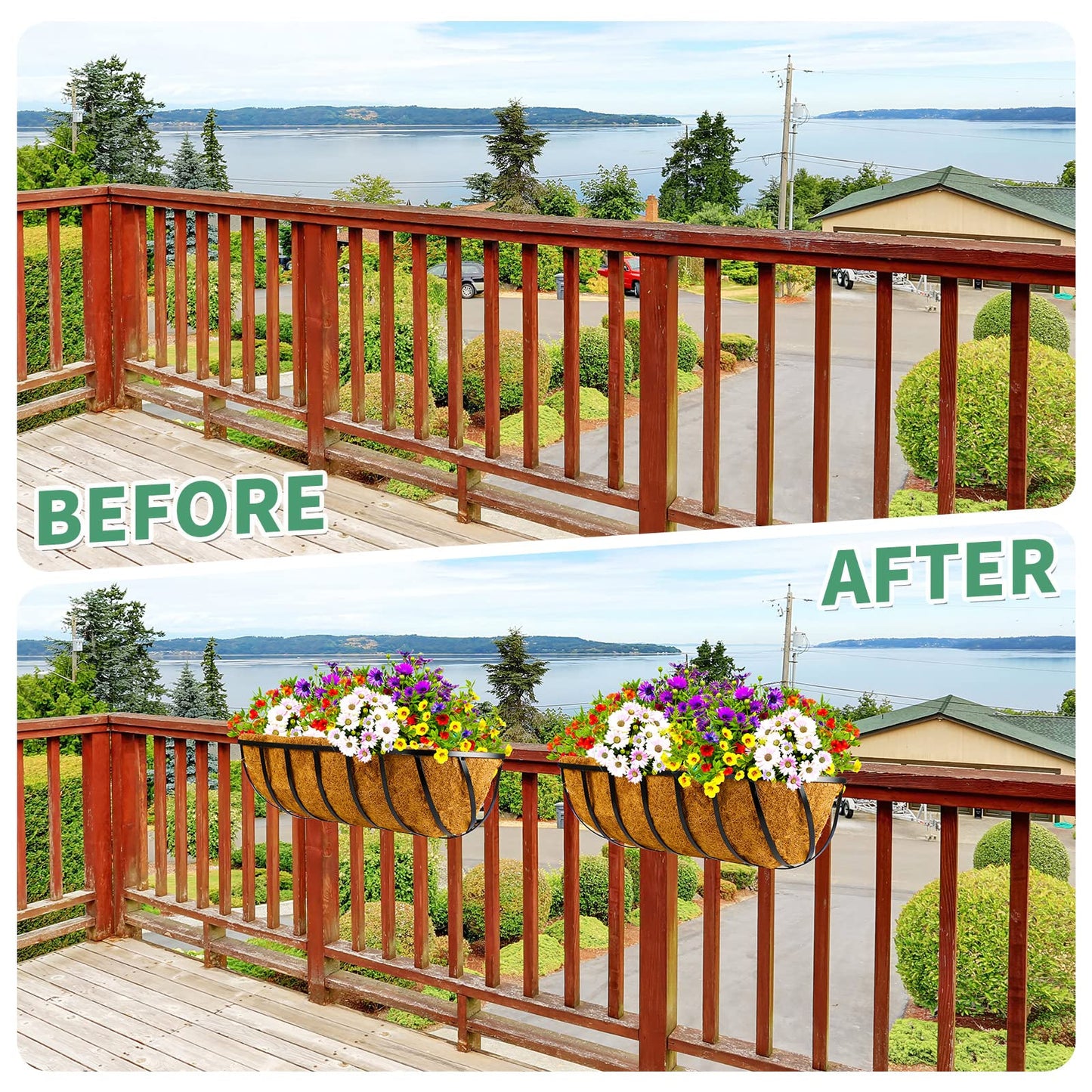 Tessco for you 6 Pieces Railing Planter Boxes, 24 Inches Window Box Planters with Coco Liner and Adjustable Brackets for Deck Porch Fence Patio Balcony Gardening Outdoor Plants