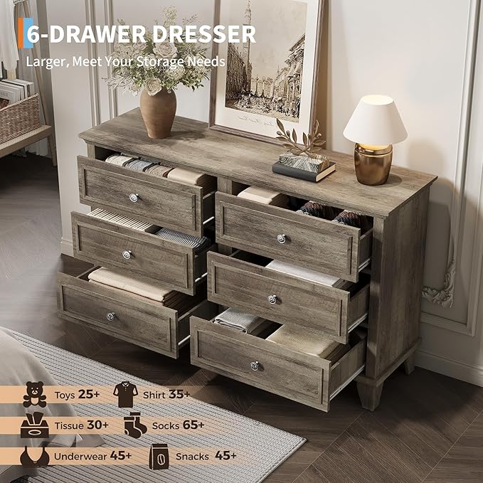 IDEALHOUSE 6 Drawer Dresser, Wooden Storage Chest of Drawers
