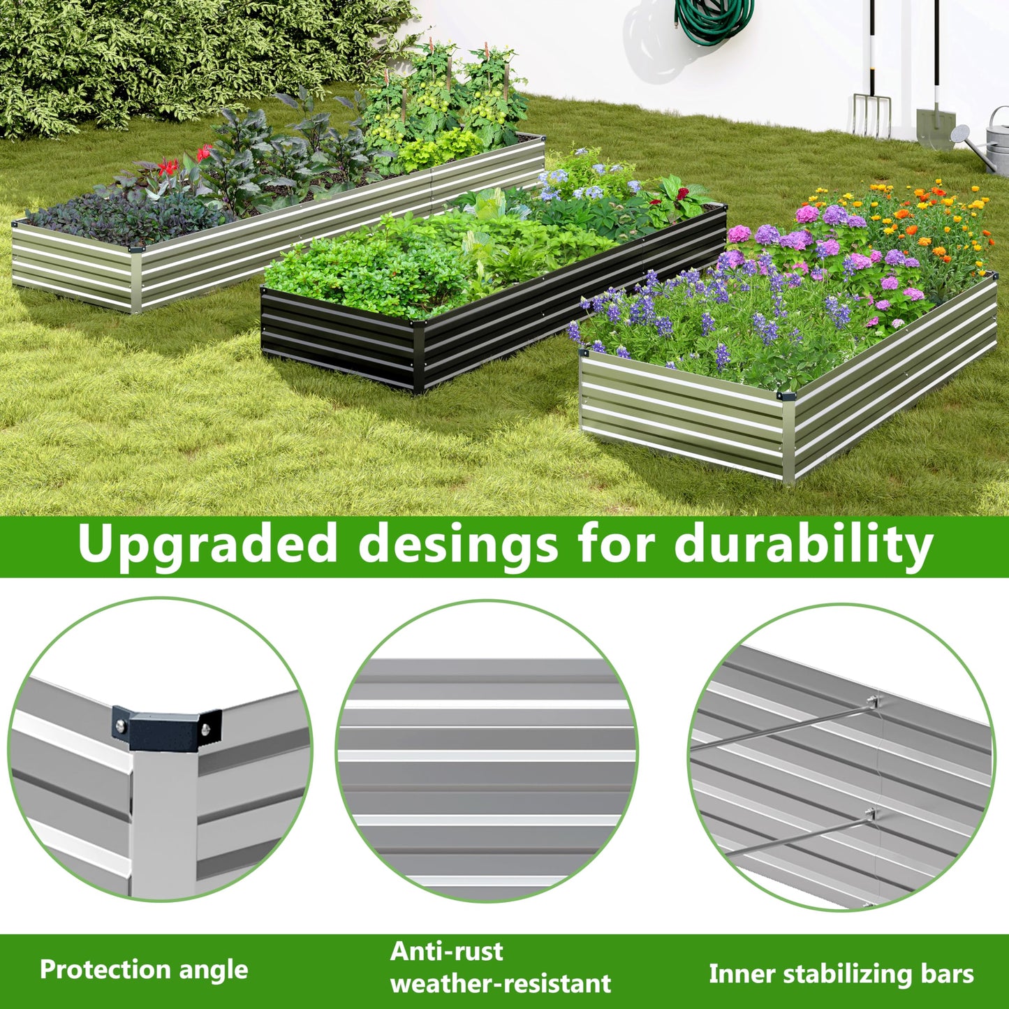 Easllre 2PCS 10x3x1ft Galvanized Raised Garden Bed,Outdoor Planter Box Metal Patio Kit Planting Bed for Vegetables Flowers Herb,Silver
