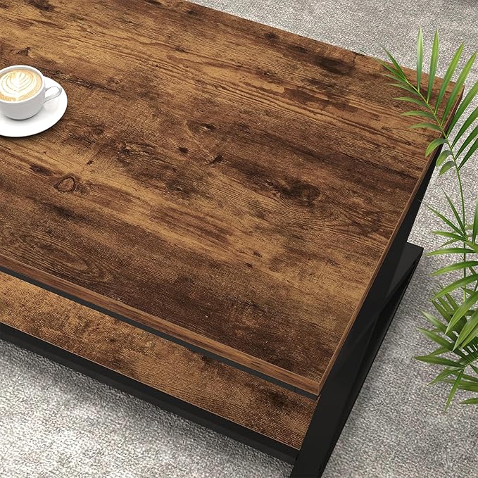 HSH Wood Coffee Table with Storage, Farmhouse Rustic Brown Coffee Table