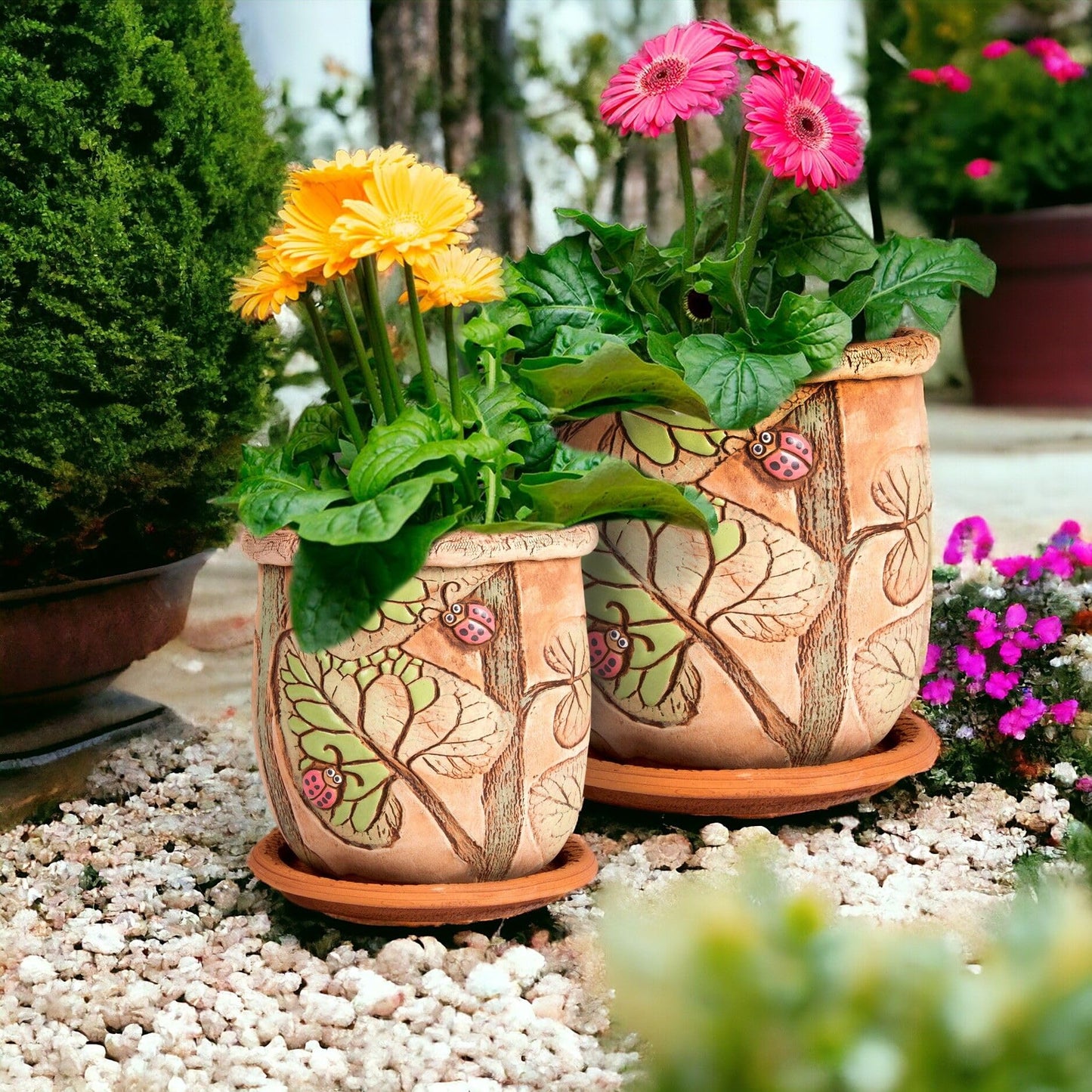 STP GOODS Ceramic Pot with Drainage Hole and Saucer, Plant Pots, Modern Decorative Planters for House Plants Indoor Flowers Plants, Cute Flower Pot - Gifts (Ladybugs (1.6 L))