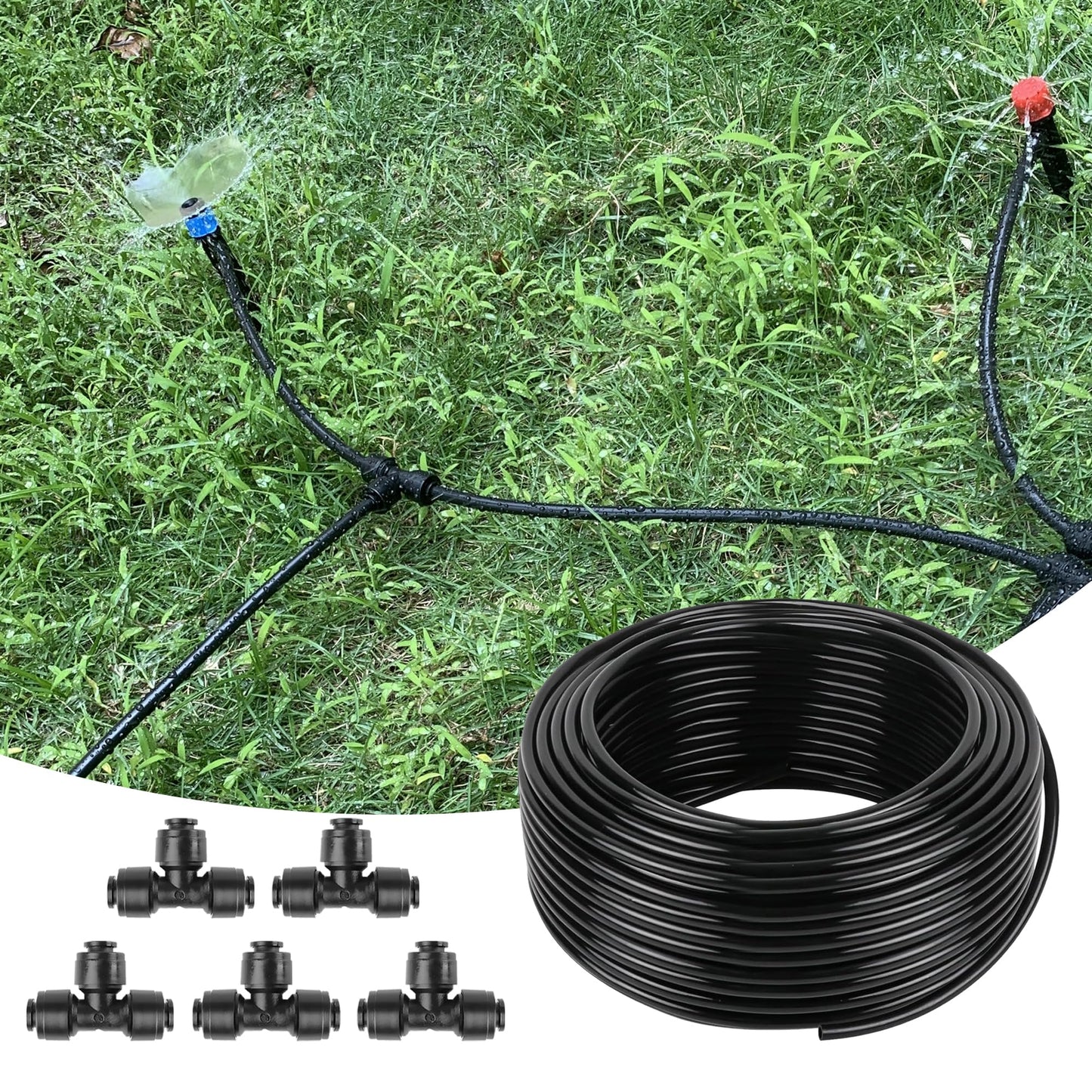 50FT 1/4 Inch Drip Irrigation Tubing with 5 Pack Push-to-Connect 1/4" Tee Connectors, Distribution Drip Line Hose & Universal Tee Fitting, for Drip Irrigation Parts or Drip System and Misting System