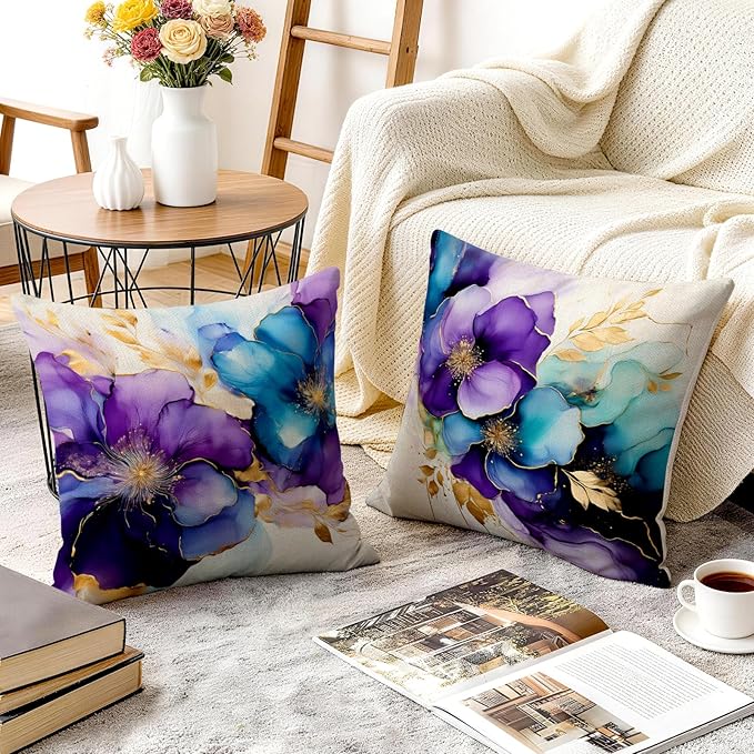 OBSEDE Decorative Throw Pillow Covers Set of 4, 18x18 Inch Purple and Blue