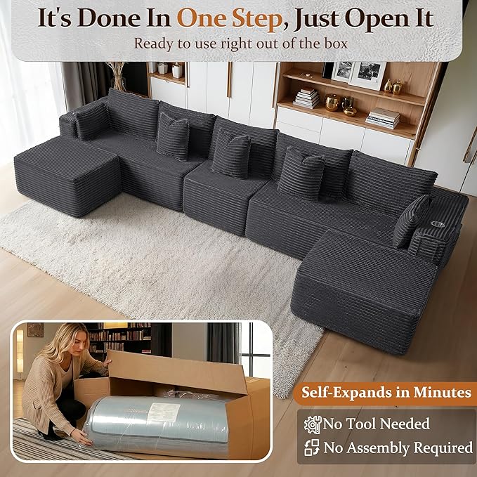 168" Cloud Sectional Couch, Comfort U Shaped Sofa