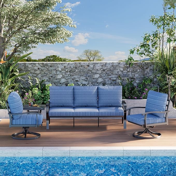 HOMREST Patio Furniture Sets 4 PCS Outdoor Metal Conversation Sets, 360 Degree