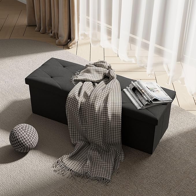 VECELO 43'' Folding Storage Ottoman Bench, Storage Chest, Linen Fabric Foot