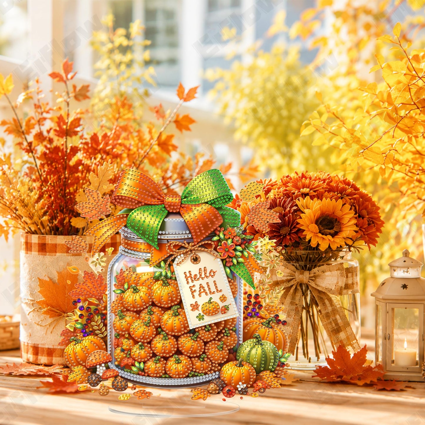 Eiflow Desktop Diamond Art Table Top Kit for Adults Fall Pumpkins, DIY Tabletop Diamond Art Painting with Stand, Acrylic Stand Up Gem Painting Board Kit (Happy Fall)