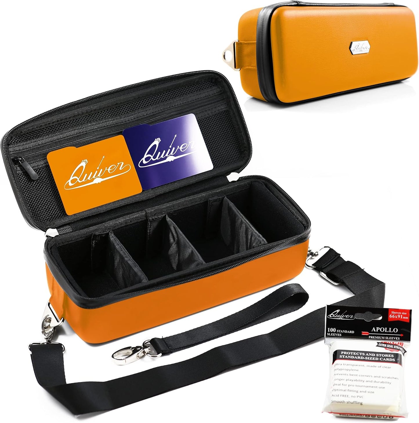 Quiver Time Orange Bolt Card Carrying Case fits Pokemon Cards and other TCG Games - Storage Bag for Playing/Trading Cards and Deck Box (Straps, Dividers & 100 Apollo Card Sleeves)