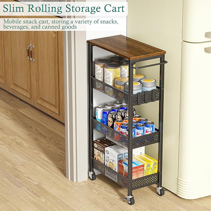 XYZLVSI Slim Storage Cart 4 Tier Fruit and Vegetable Baskets