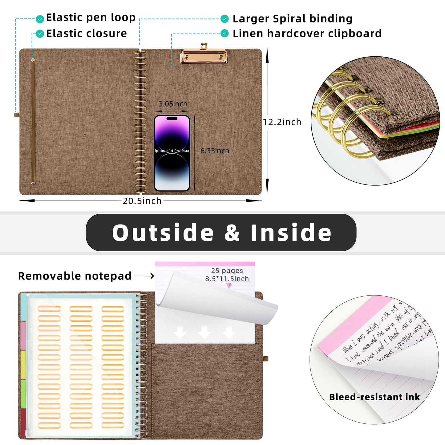 Ospelelf Brown Foldable Spiral Clipboard Folio with Storage Zipper Pouch, 5 Plastic Folders with 10 Pockets, Refillable Lined Notepad (11" x 8.5"), Linen Hardcover Project Organizer