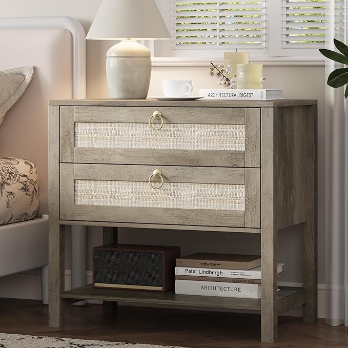 Xixini Nightstand wih 2 Drawers & Open Shelf, Small Mid Century Modern Night