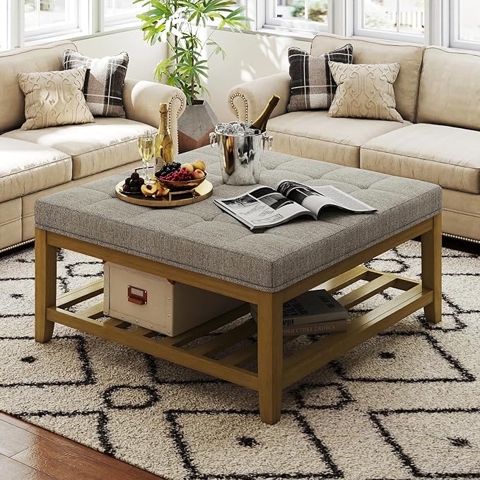 Befurtori Large Square Ottoman Coffee Table, Linen Solid Upholstered Footrest