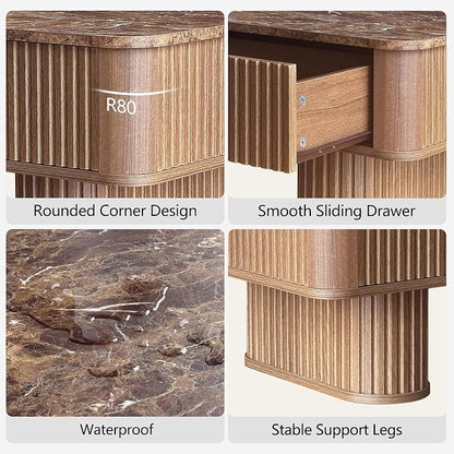 Win2win Fluted Coffee Table with Storage, Mid Century Modern Coffee Table with Faux Marble Top, Minimalist Rectangle Center Table with Sculptural Pedestal Legs & Drawers for Living Room/Office, Walnut
