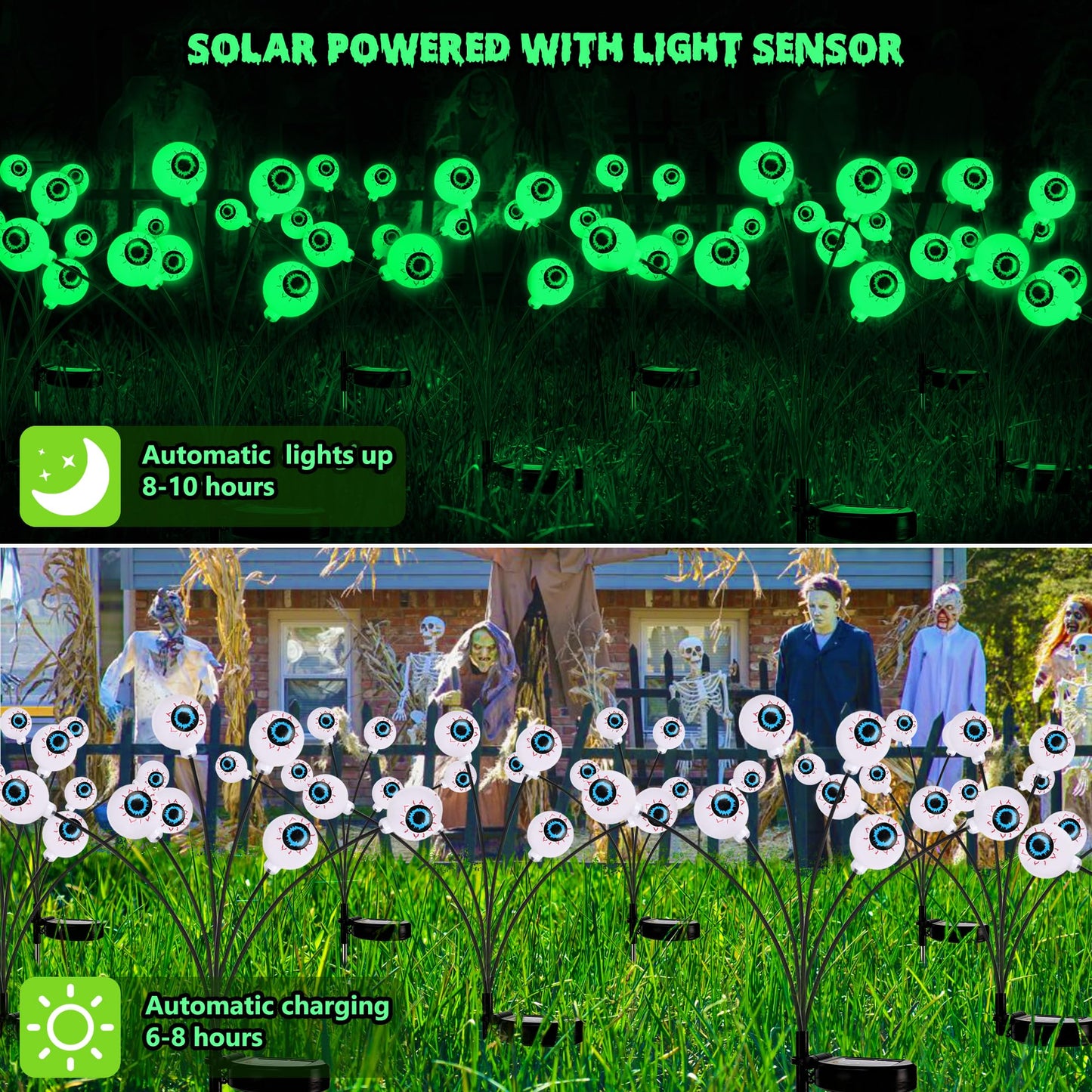 BrizLabs 4 Pack 24 LED Halloween Solar Lights, 2 Modes Outdoor Halloween Eyeball Pathway Lights, Solar Spooky Walkway Light Waterproof, Green Swaying Firefly Lighting for Path Yard Garden Lawn