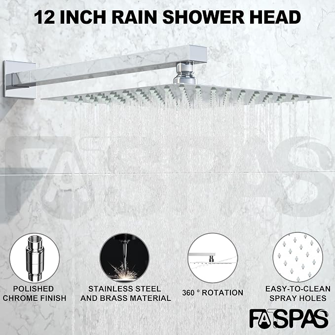Polished Chrome Shower System with 12-Inch Rain Showerhead and Handheld | Innovative air-injection technology for low pressure, high-flow rate up to 3.22 GPM ensuring powerful consistent stream