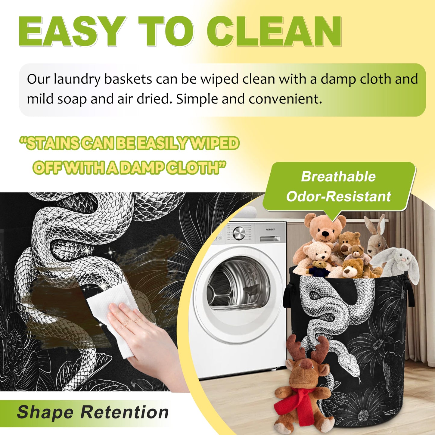 Snake Laundry Basket Floral Prints Funny Foldable Waterproof Oxford Cloth Tote Bag Laundry Hamper Round Large Clothes Storage Bucket Organizer For Bathroom/Laundry Storage/Bedroom 18.9x16.5 Inch