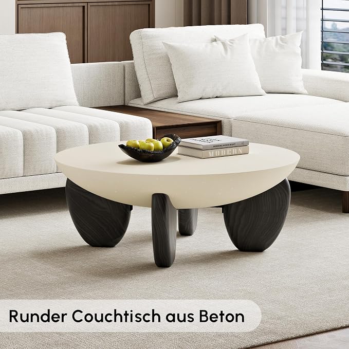 homary Round Concrete Coffee Table with Premium Walnut Ash Wood Legs, Modern Minimalist Cement Finish Center Table for Living Room (Black, 29.9" W x 29.9" D x 14.4" H)