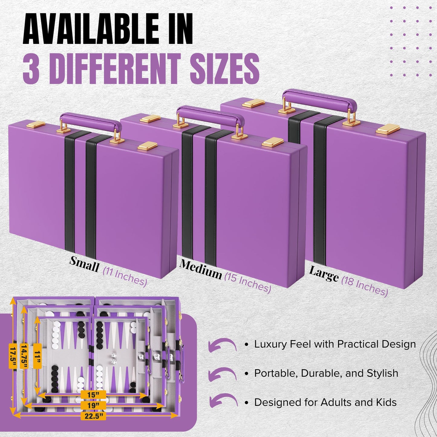 Premium Backgammon 18 Inches Large Purple - Backgammon Sets for Adults and Kids - Leatherette Back Gammon Board Game Set - Travel Backgammon Set Board Encased with Accessories
