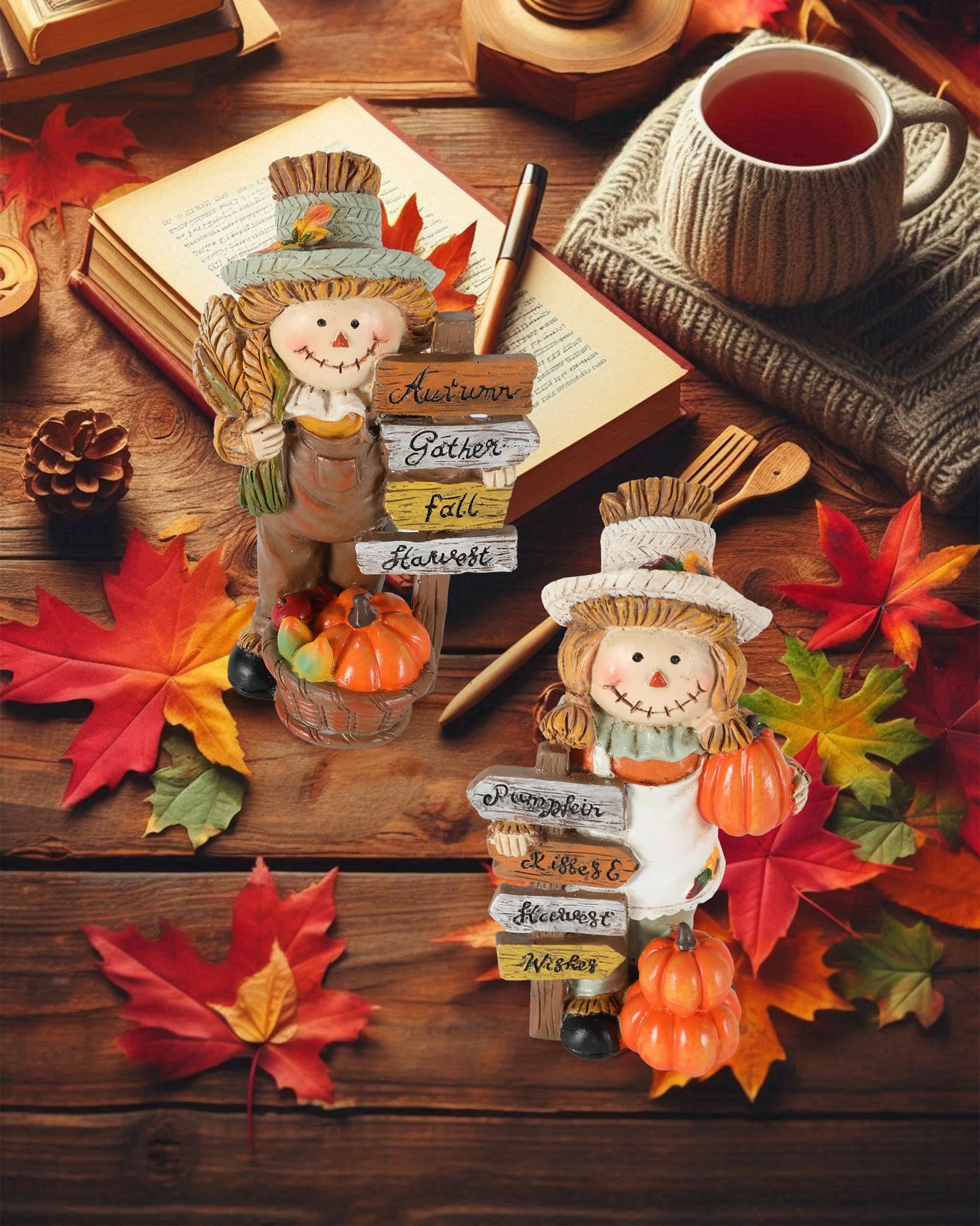 GoGnome 2-Pack Thanksgiving Scarecrow Figurines with Inspirational Autumn Plaques - Durable Resin 5.5'' Thanksgiving Table Decor - Fall Decorations Indoor Outdoor Harvest Gifts (Scarecrows)