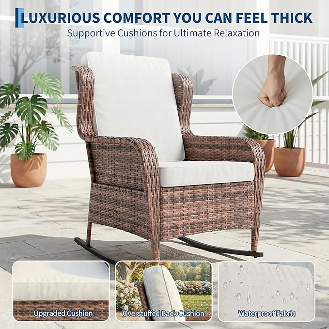 Garvee Outdoor Wicker Rocking Chair, 1 Piece Outdoor Rocking Chair, All Weather