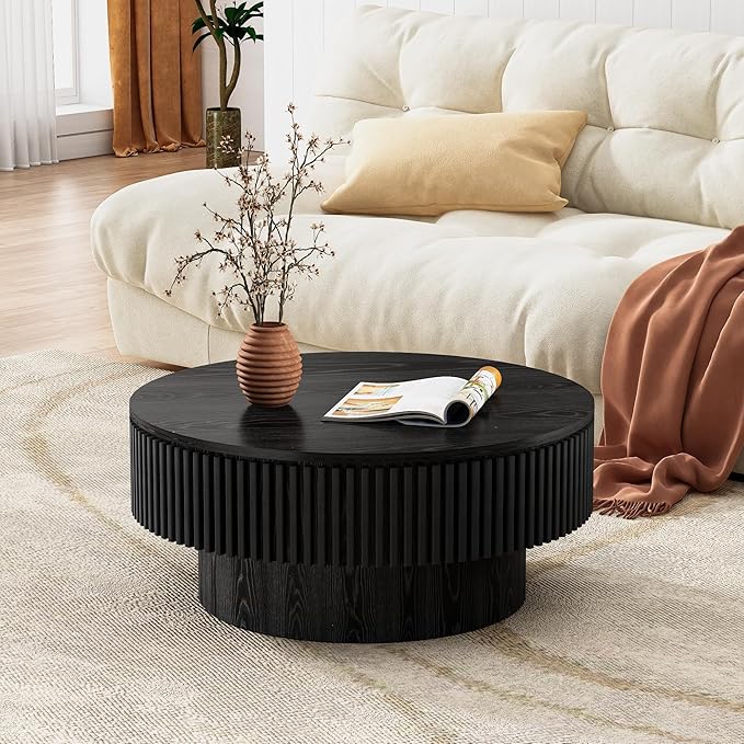 Round Coffee Table for Living Room, Fluted Drum Accent Tea Center Table