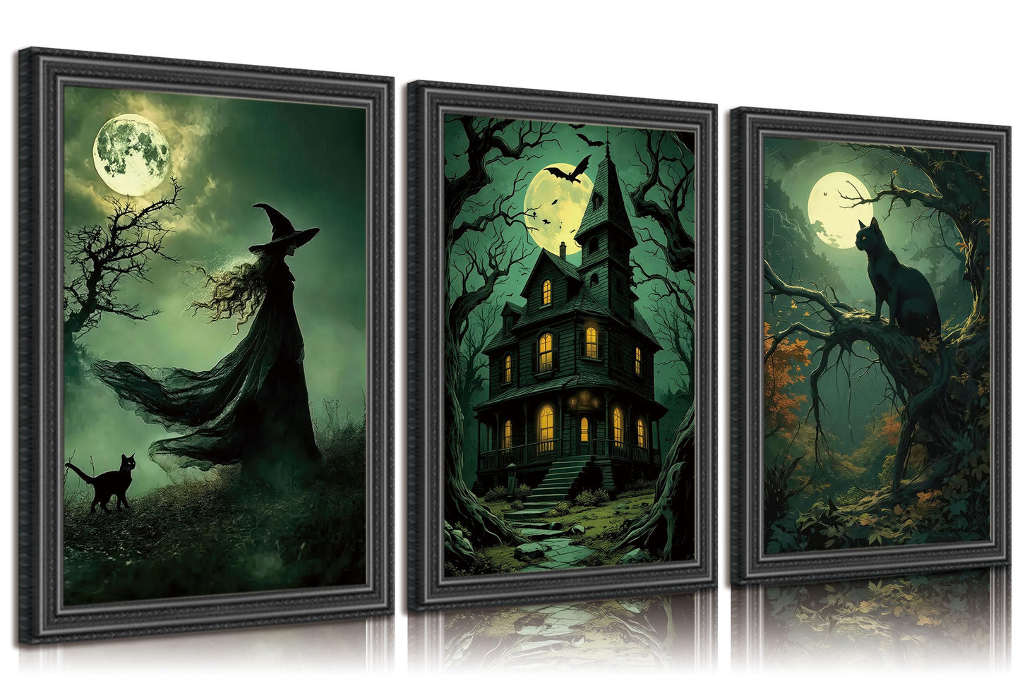 3pcs Halloween Canvas Wall Art Dark Academia Scary Witch Black Cat Castle Posters Prints Thriller Horror Green Gothic Wall Decor Pictures for Halloween Party House Decoration Unframed