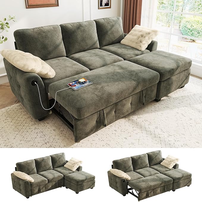 Ihanherry Modular Convertible Sectional Sofa Bed, Reversible Chaise & Storage