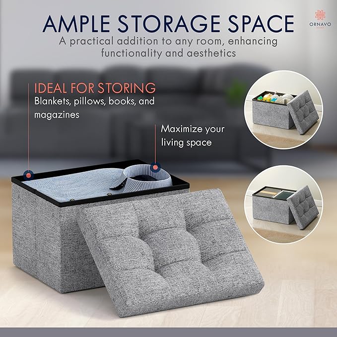 Ornavo Home Small Storage Ottoman, Foldable Collapsible Rectangle Linen Ottoman
