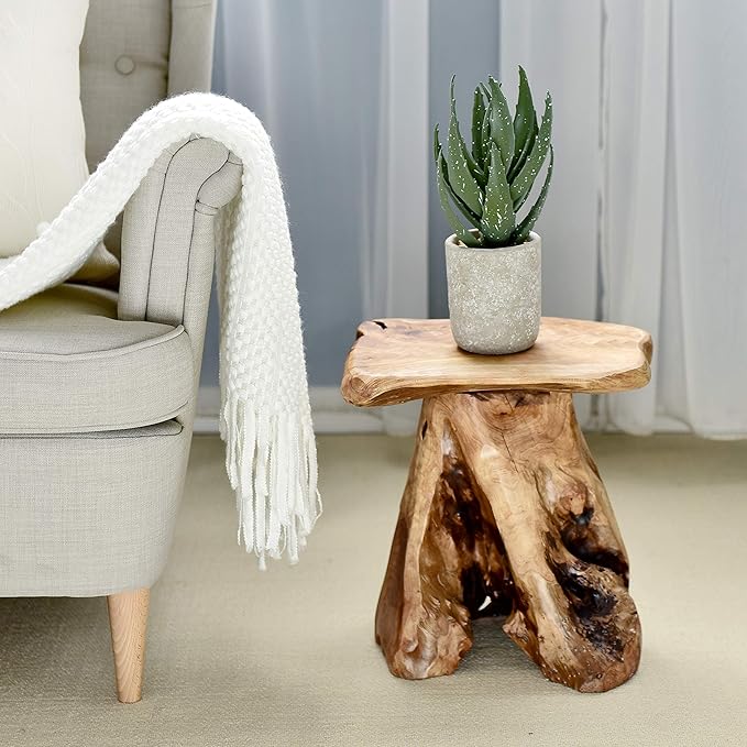 WELLAND Natural Cedar Stump Stool, Live Edge Side Table, Plant Stand, Small