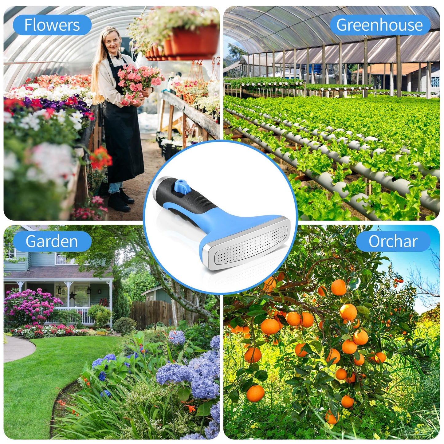 Dreyoo Fan Spray Nozzle for Garden Hose, Heavy Duty Garden Hose Head Spray for Watering Wand with Flow Control and Ergonomic Insulated Grip, Blue (1 Pack)