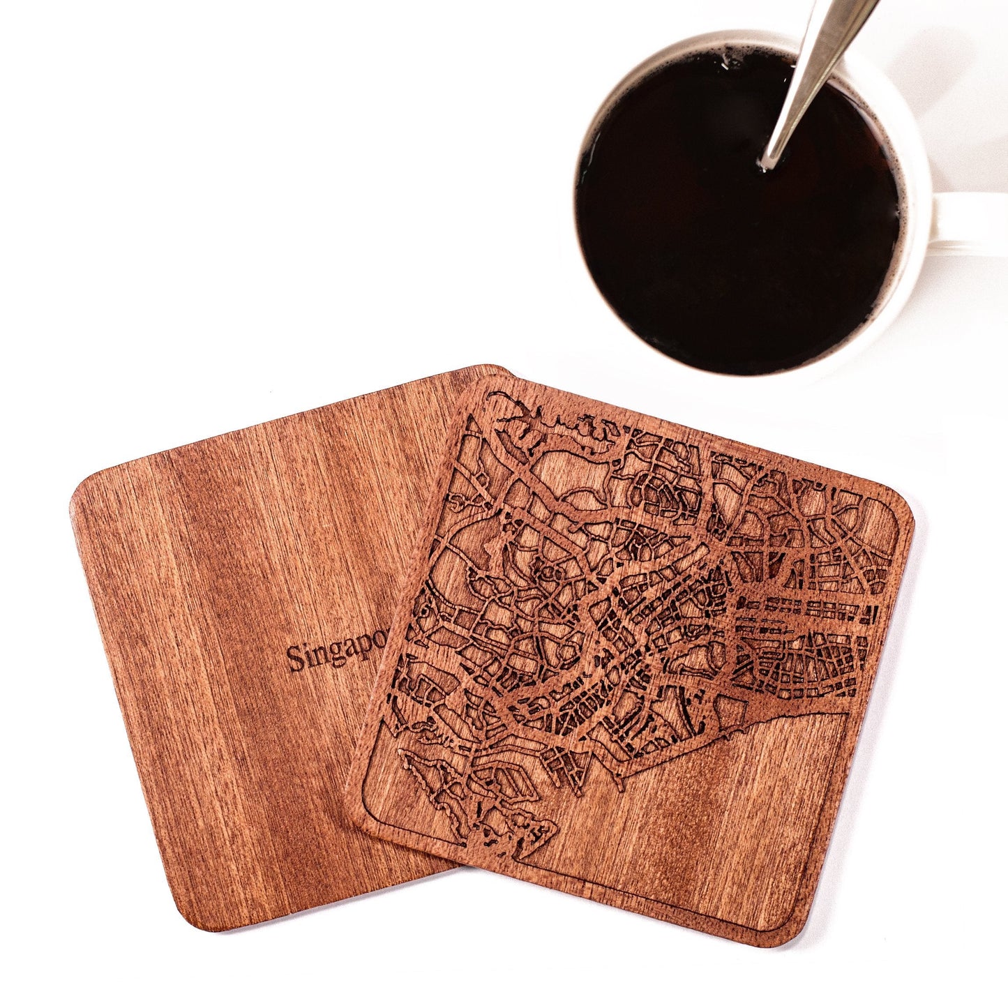 Singapore Map Coaster by O3 Design Studio, Set Of 4, Sapele Wooden Coaster With City Map, Handmade