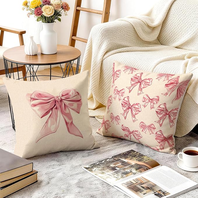 OBSEDE Cute Pink Bow Decorative Throw Pillow Covers 18 × 18 in, Couch Cushion