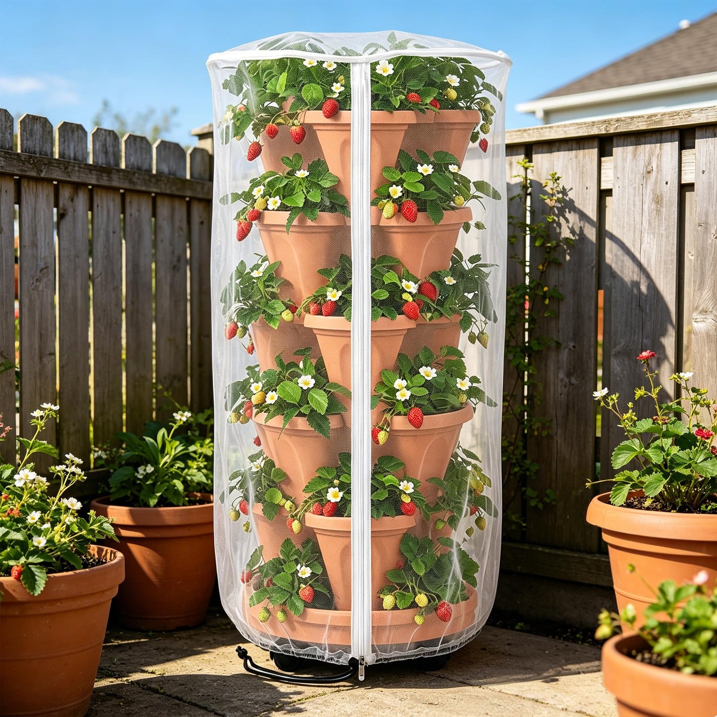 2 Pcs Vertical Plant Pot Insect Netting with Zipper, 39"x20" Stackable Planter Garden Net Cover, 3 to 5 Tier Planter Pot Insect Bird Barrier Protection Mesh for Strawberry Herb Flower Fruit Vegetable