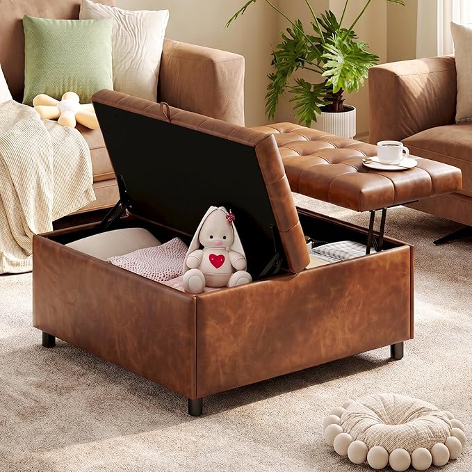 LINLUX Extra Large Leather Storage Ottoman, 35.5 Inch Large Square Lift Top