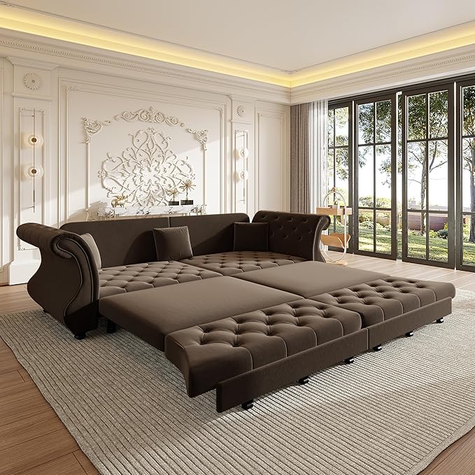 97.6" Oversized Pull Out Sofa Bed, Chesterfield Velvet Sleeper Sofa Couch