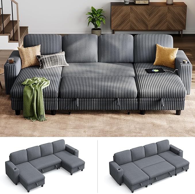 LINSY HOME Sectional Sofa with Pull Out Bed, 4 Seats Corduroy Reversible