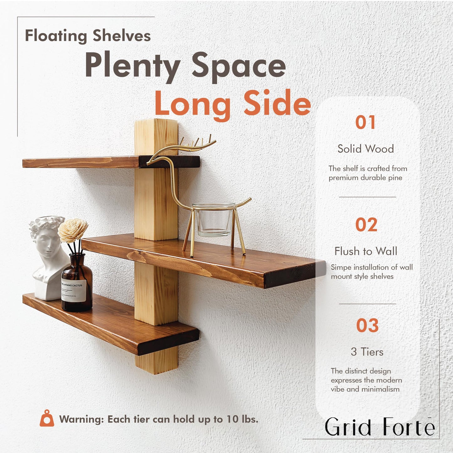 GRID FORTE Wood 3 Tier Floating Shelf, Large Minimalist Wall Shelves, Mid Century Modern Furniture, Art Deco, Plant Rock Crystal Shelving for Bedroom Living Room Office Bathroom