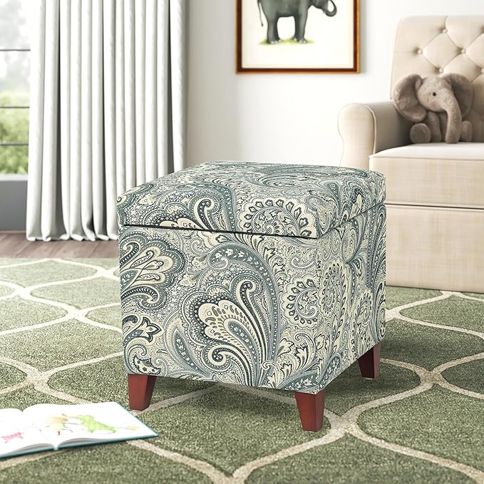 Adeco 18" Cube Storage Ottoman in Blue Paisley, Upholstered Linen Foot Stool &