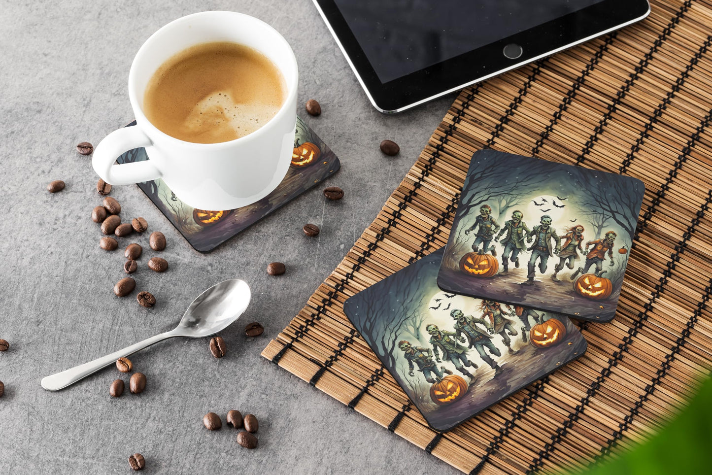 Caroline's Treasures Zombies Spooky Halloween Foam Coaster Set of 4 Cup Coasters for Indoor and Outdoor, Coaster for Tabletop Protection, Anti Slip, Mouse pad Material