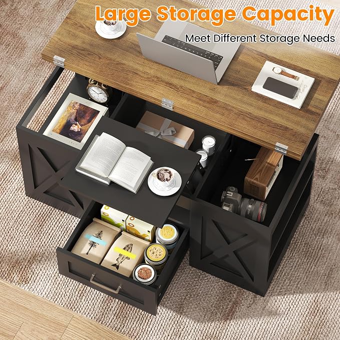 kepptory 39.4'' Lift Top Coffee Table with Storage, 4 in 1 Multi-Function Convertible Coffee Tables for Living Room, Farmhouse Coffee Table with Open Storage Compartment & Drawers (Brown&Black)