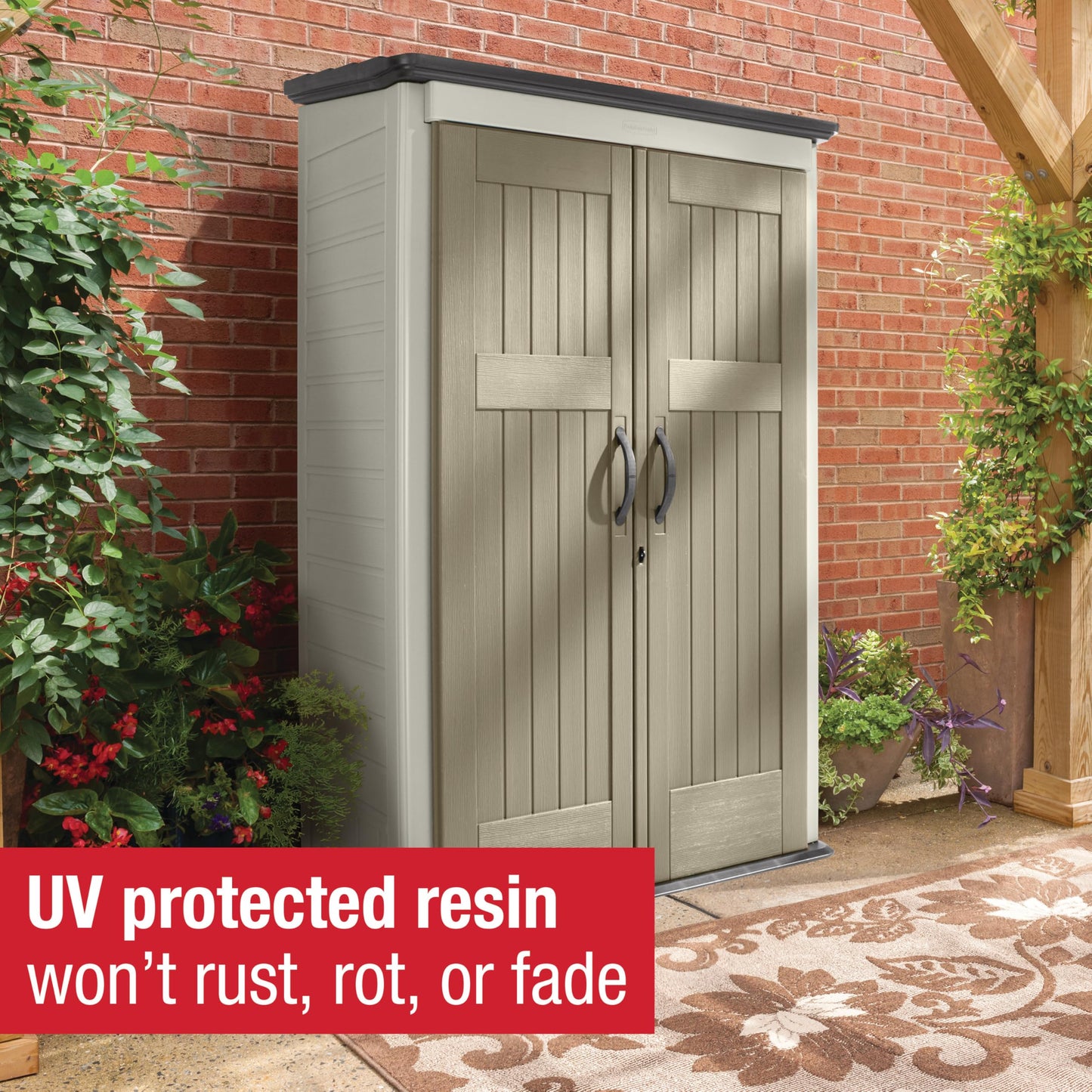 Rubbermaid Vertical Resin Outdoor Storage Shed With Floor (4 x 2.5 Ft) Weather Resistant Beige/Brown Organization for Home/Backyard/Pool Chemicals/Toys/Garden Tools/Porch/Patio Cushions