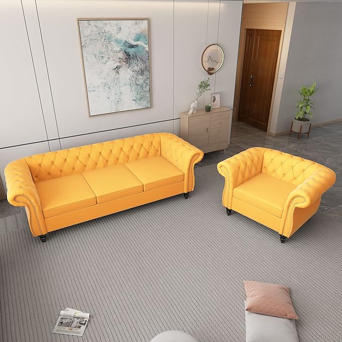 ORRD 2 Piece Living Room Set, Velvet Chesterfield Sofa Couch Chair