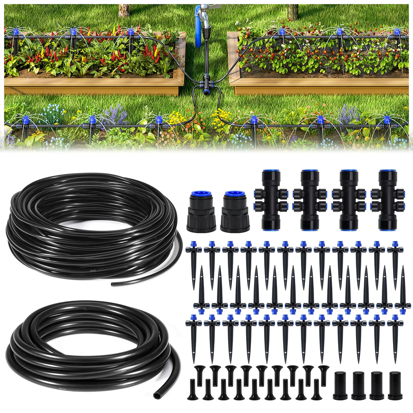 HIRALIY 220FT Garden Watering System, Drip Irrigation Kits for Plants, New Quick Connector, Blank Distribution Tubing, Saving Water Automatic Irrigation Equipment for Patio Lawn